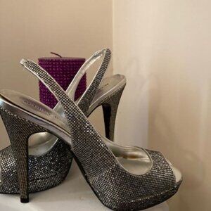 Shoes - sling back, open-toe glitter pump